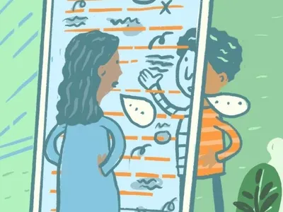 Illustration for Submittable Blog coach critique discussion illustration joshquick lines mirror orange submittable transparent words