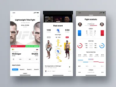 Rewind: UFC finished fight cards dashboard interface modal product design profile sportbook statistics timeline ufc ui ux