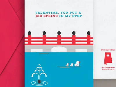 Huntsville VDay Cards - Big Spring Park alabama big spring big spring park bridge cards design ducks fountain greeting cards huntsville illustration love minimal parks travel valentines day vector water