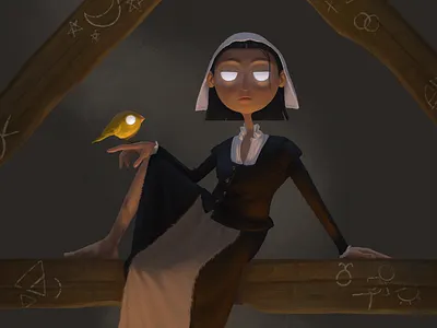 Witch with Familiar canary character design illustration salem witch