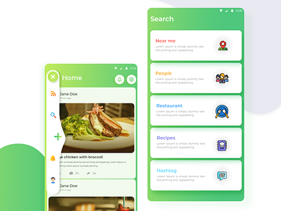 Food Application app app landing page feed food app food app ui gradient green location menu navigation bar newsfeed people recipes restaurant app search ui