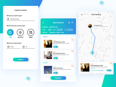 Travel App cards gradient ios animation ios app location tracking map meditation app navigate spiritual travel travel app ui ux weather weather icons