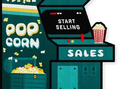 Popcorn Sales Patch - Pt. 2 arcade badge branding coins design gold green illustration joystick patch popcorn prize retro start treasure typography vector video games