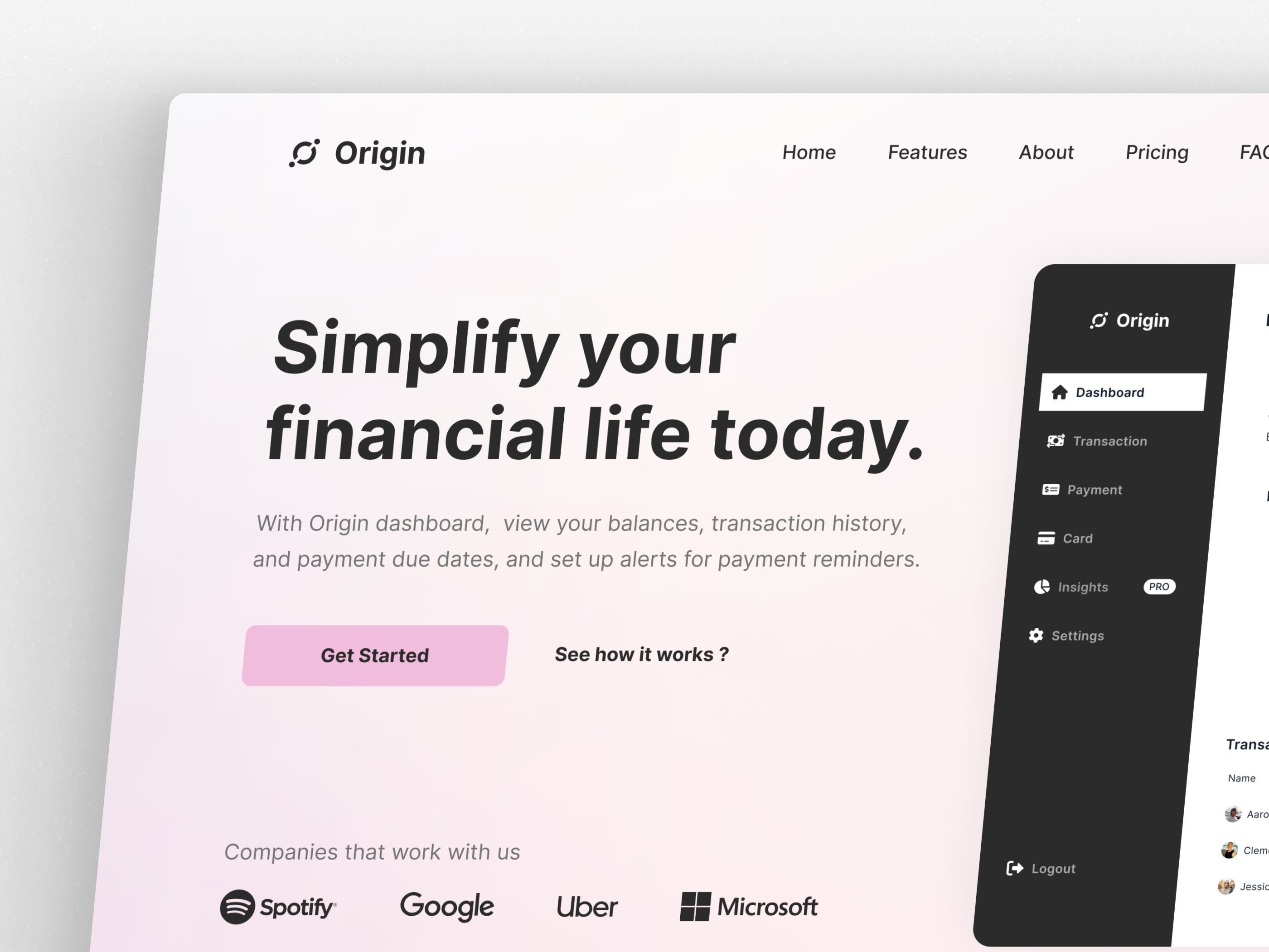 Landing Page | Origin Dashboard application b2b branding credit card dashboard design system dev tool expense tracker fintech app front page hero section homepage landing page product page productivity saas saas management dashboard saas website ui ux website