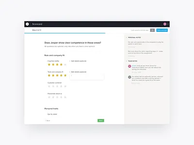 Scorecard page for recruitment software app design hiring notes notes widget rating recruit recruitment saas save scorecard stepper ui ux web