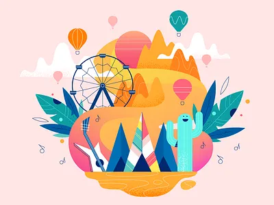 Coachella 2d ballon cactus character coachella design guitar illustration music plant vector