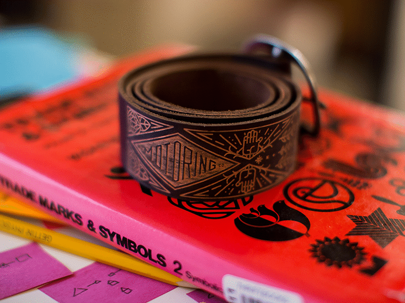 Happy Motoring Belt badge belt brand design digital fabrication happy motoring leather leather belt leather goods