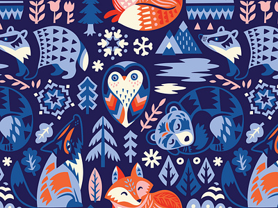 Vectorstock 23676283 animals badger bear decorative fox fur illustration owl pine pine tree retro scandinavian scandinavian design seamless seamless pattern tile vector vectorstock wallpapers woodland