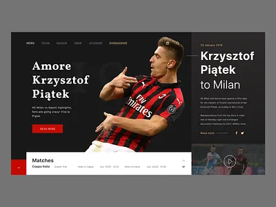 AC Milan Site ac milan adobexd concept fan football header krzysztof piątek landing page minimalistic modern news site store ui userinterface ux web design website