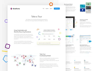 GiveForms Product Tour button design donations giveforms giving icons illustration landing landing page menu nav nonprofits responsive typography ui ux website