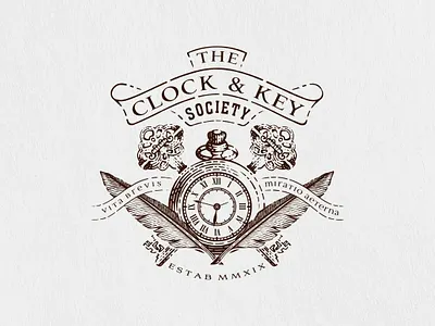 The Clock And Key Society branding clock emblem design engrave etching feather pen hand drawn illustration key art line art old school pocket watch scratchboard society vector vintage wood cut