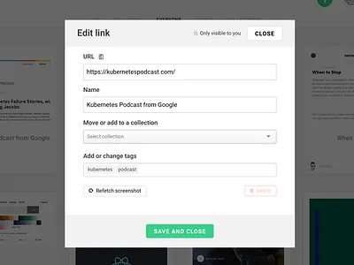 Linknest Edit dropdown edit form links modal save tags