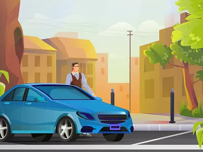 On the Road car character city design draw drive driver flat flowers illustration man plants road tree vector