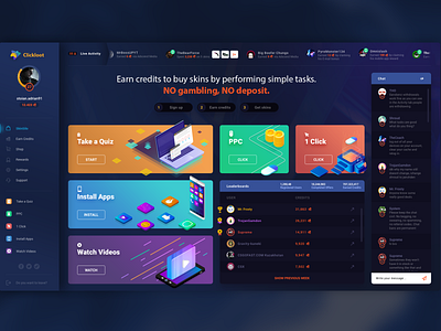 Homepage - Clickloot bet chat csgo dashboard gambling homepage landing page leaderboard loot ppc pubg