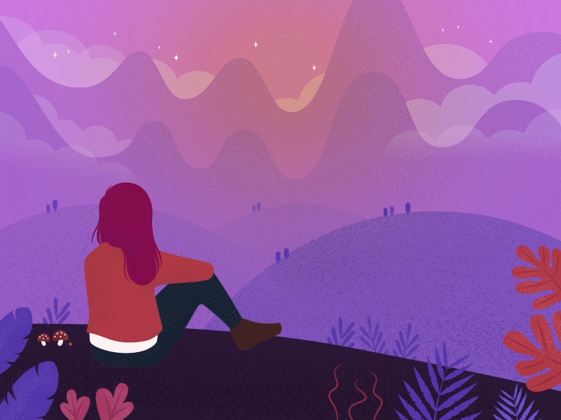 Lying under Sky with Diamonds art color creative design dreamy dribbble girl heaven illustration leaf lost love mountain mushroom plant red sky star vector