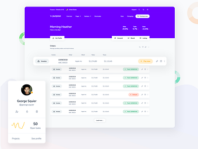 Purpose - Order Listing Table bootstrap cards dashboard design system interface design mobile responsive styleguide table table design uiux webapp website
