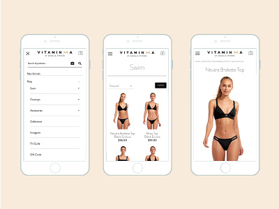 Mobile Ecommerce - Vitamin A clean ui design ecommerce lifestyle mobile mobile navigation mobilefirst navigation pdp plp product detail page product landing page responsive retail shop shopify ux webdesign