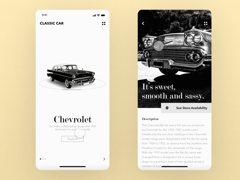 Adobe XD | wwydesignlab | Project 101 - #4 adobexd app app design black and white car car app chevrolet classic classic car ford history mobile app modern vintage ui ux design uidesign user experience user interface vintage vintage car xddailychallenge