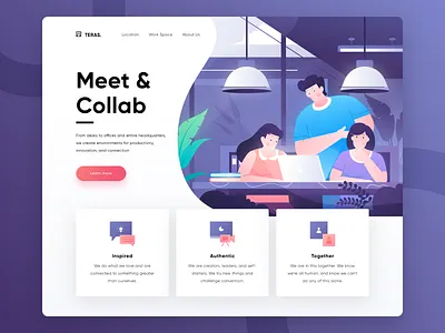 Teras, Coworking Space & Cafe Landing Page Exploration booking collaboration coworking space header header page hero illustration illustration landing page meetup purple ui uidesign uiux web website