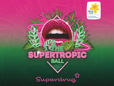 Superdrug Charity Event Branding beauty branding brochure design charity design design agency editorial design event artwork event branding leaves logo logo design logo design branding marie curie modern neon neon colors photgraphy superdrug tropical