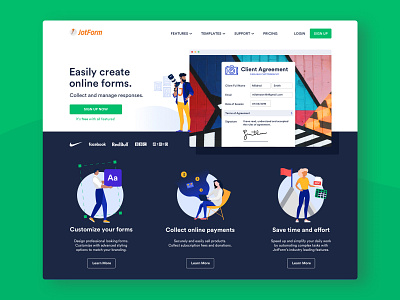 Online Form Builder Home Page - Client Agreement character customization form builder green home page illustration landing online form payment photographer photography ui vector web