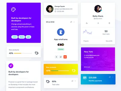 Purpose Website UI - Cards agency application cards cards design cards ui charts connection contact creative dashboad interface member mobile profile purple stats team template theme webapp