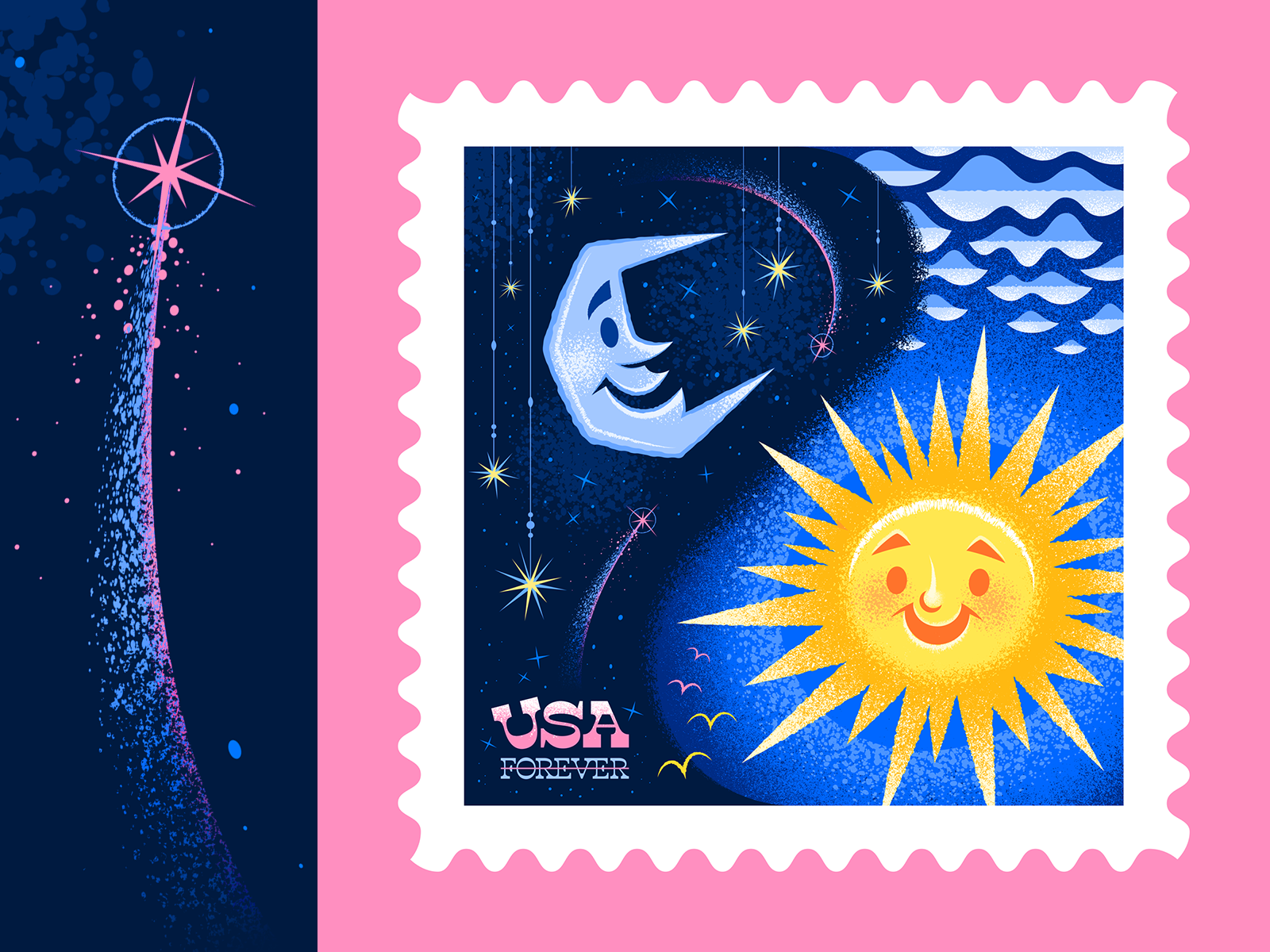 Example of Night & Day Postage Stamp Illustration