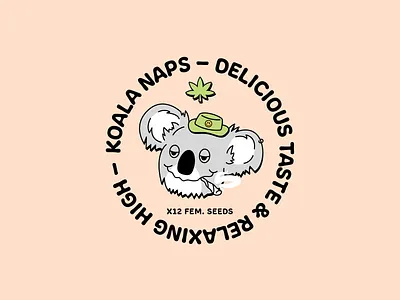 Koala Naps Seeds 420 badge branding character high icon identity illustration koala label leaf logo packaging rounded seed smoke symbol trippy typography weed