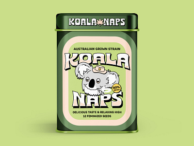 Koala Naps Seeds 420 bold box branding design green icon illustration koala label leaf logo packaging product psychedelic symbol thc trippy typography weed