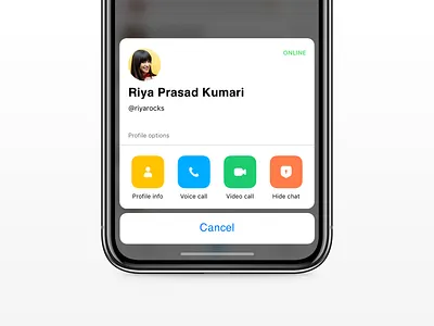 Mini Profile exploration for Hike Messenger action button action sheet bold ui chat app experience hike interface ios ios 12 mini profile nativity online profile card quick action simple simple clean interface uidesign ux video voice
