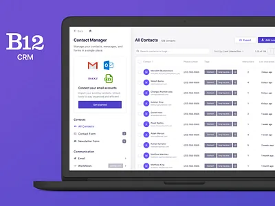 B12 Customer relationship manager admin design clean contact list contacts crm dashboard design drilldown list profile purple table ui ux