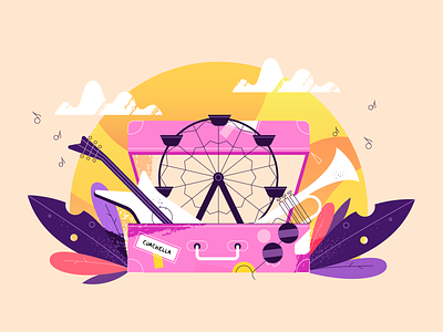 Coachella suitcase 2d animation brush coachella design festival fun guitar illustration illustrator music photoshop plant suitcase sun sunglasses sunset trumpet tune vector