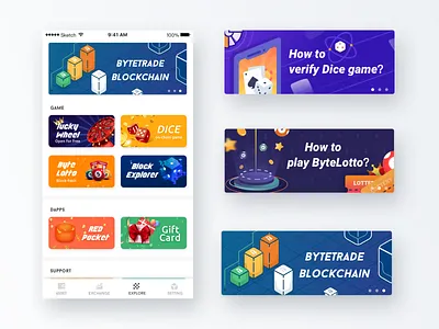 Bytehub Composite pages for games banner blockchain byte lotto dice game gift card lucky wheel red pocket ui