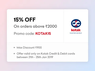 Bank Offer bank card clean code coupon design grofers info card kotak offer ui