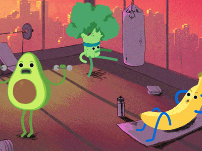 Healthy Food 2d animation after affects art avocado banana broccoli cute design eco friendly fruit funny gym healthy illustration sport sunset