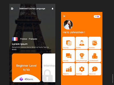 Language Learning App application buckets cards courses games gems images language learn levels menu points slider techugo