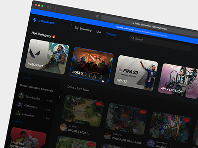 Streamer - Streaming Platform Website Category Page broadcasting category category menu design landing page live platform mega menu menu online games online streaming playing streaming top bar twitch ui uidesign video platform web web design website