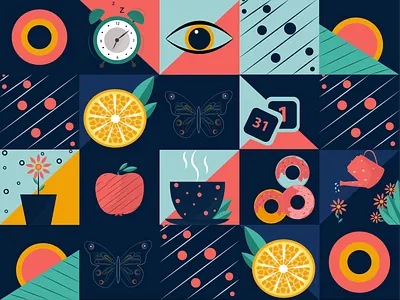 Morning abstract alarm butterfly calendar coffee day donut flowers lemon morning new day pattern poster routine shapes sophie tsankashvili