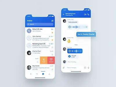 Messenger app app design application application ui attachment blue app chat clean emoji gradient group chat inbox ios iphonex messages messenger mobile ui voice message voicemail