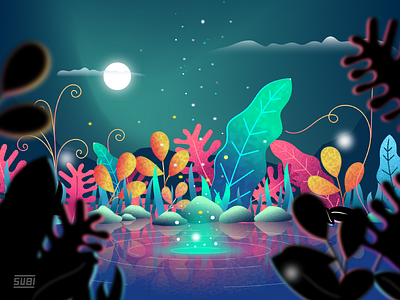 Lake adobe ilustrator dust gradients illustration illustration art illustration design lake lights magic magical moon moonlight nature night night sky plants secret sky swamp wonder