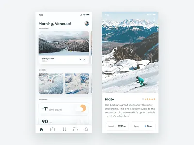 Ski Resort Concept android app cards clean design explore interface ios layout minimal mobile mountain rating ski snow ui ux weather white