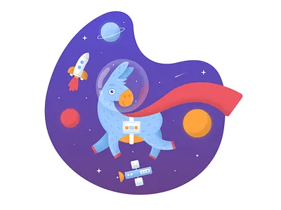 Donkey in space cosmonaut donkey gradient gravity illustration planet rocket satellite space stars super