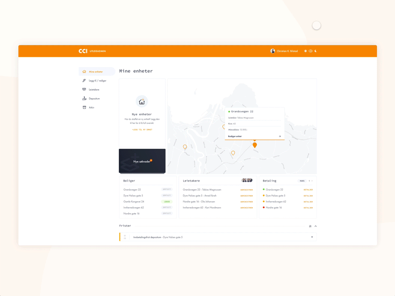 Property management tool 🏡 clean dark darkmode dashboad design gif interaction design interface management map minimalistic modern norwegian properties realestate ui ux web design