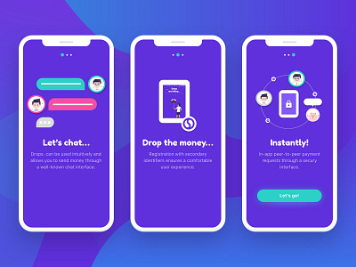 drops. - Chat-Based Fintech App - Onboarding Screens branding chat fintech flat home landing mobile onboarding pagination purple tutorial ui walkthrough walkthroughs