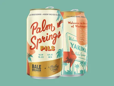 Palm Springs Pils beer branding can craft beer design illustration midcentury modern packaging palm script typography vintage
