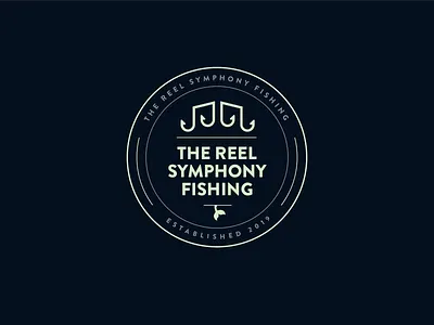 The Reel Symphony Fishing Logo badge circle circle logo concept fish tail fishing fishing hook hook logo tail