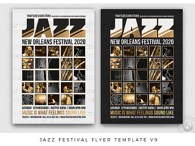 Jazz Festival Flyer Template V9 band black classy concert corner elegant fest festival flyer gig gold indie jazz jazzy music poster psd saxophone template white
