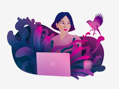 Product Illustration bird girl illustration laptop mug organic pink plants product branding shapes violet
