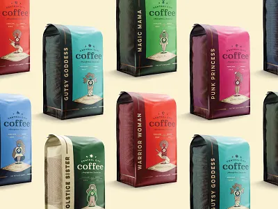 Central City Coffee Bags archetypes branding branding design central city coffee coffee bags female empowerment gutsy goddess illustration magic mama punk princess serene sorceress solstice sister warrior woman women