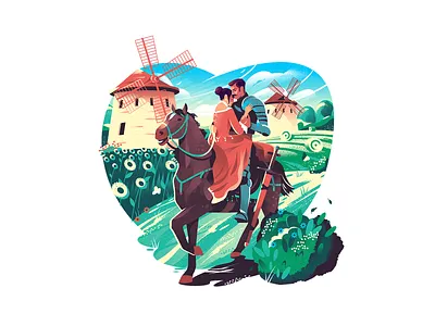 Valentine's Day art couple desing field flowers girl horse illustration knight light love nature outdoors sky summer sunflowers trinetix valentines day wind windmill